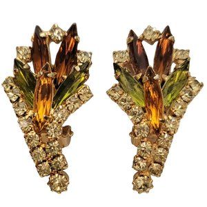 Green Jonquil Topaz Rhinestone Leaf Clip-On Earrings E255